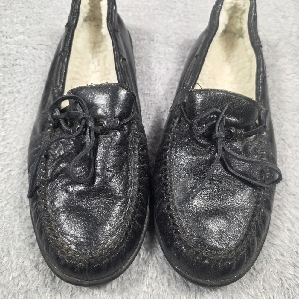Unbranded Moccasin Slippers Mens 11 Black Leather Faux Fur Lined House Shoes